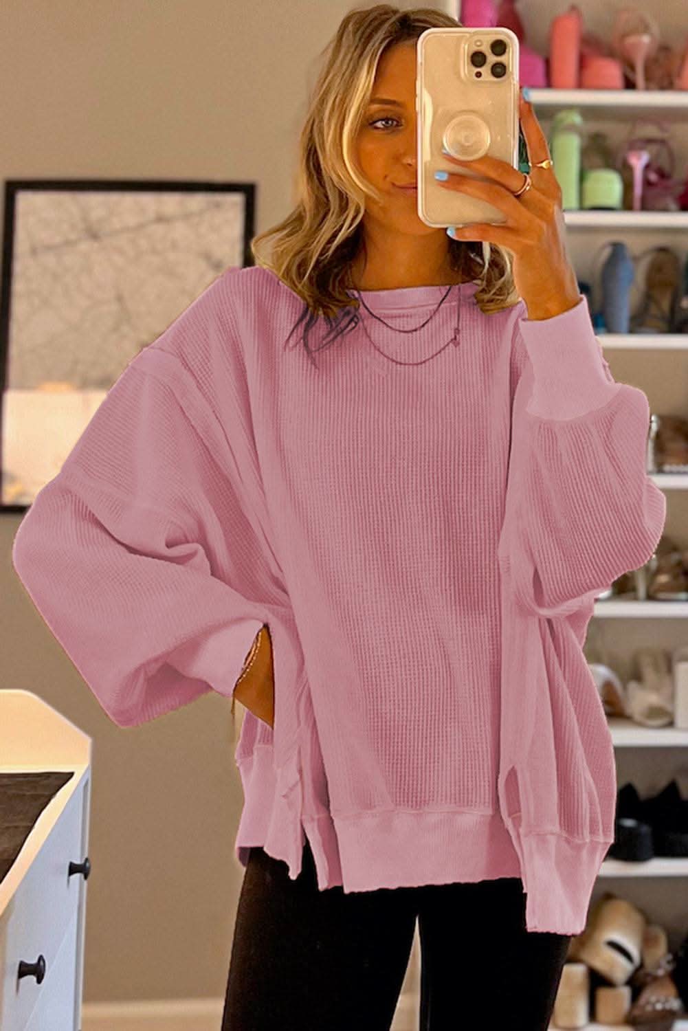 Pink Waffle Knit Bishop Sleeve Split Oversized Sweatshirt - Love Salve